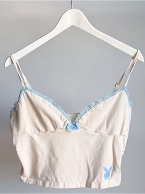 Playboy x Missguided Cream Cami Crop Top Blue Lace L fits Smaller